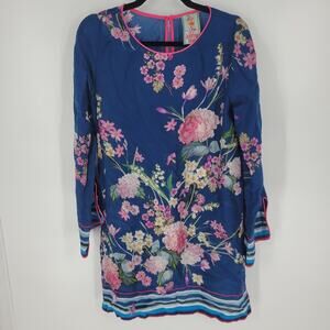 Johnny Was Blue Pink Willowa Floral 3/4 Sleeve Tunic Blouse S